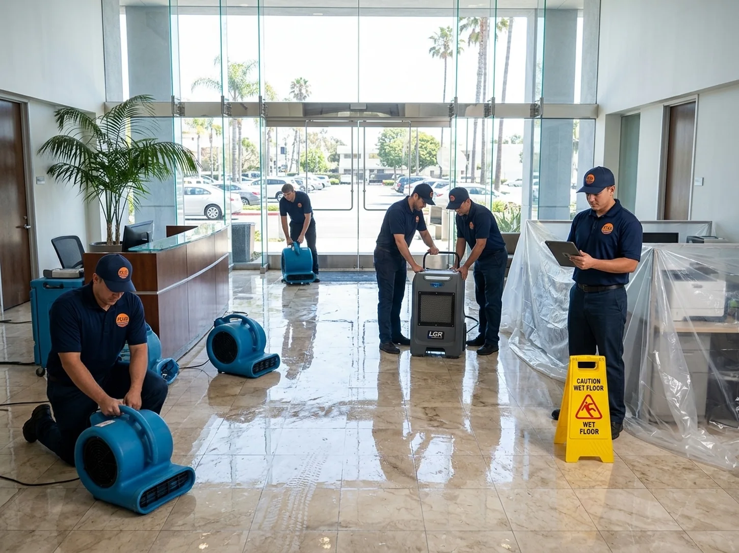 PCH crew responding to a commercial water damage loss in a South Orange County building