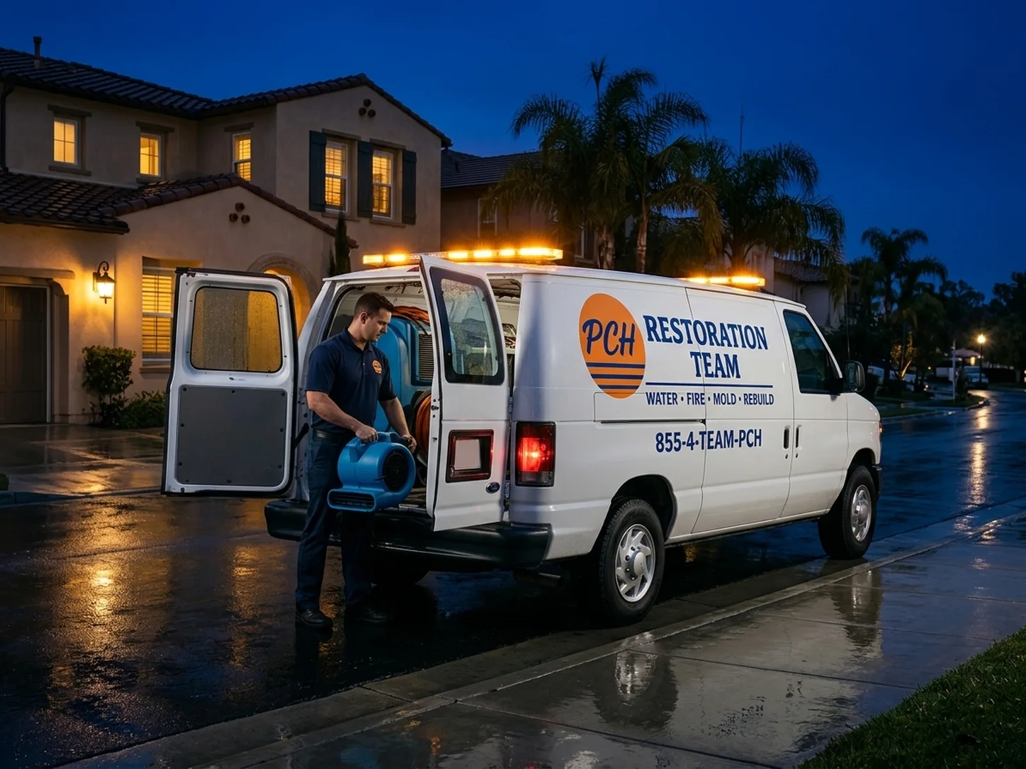 PCH Restoration Team crew extracting standing water during a night-time emergency call in Irvine, California