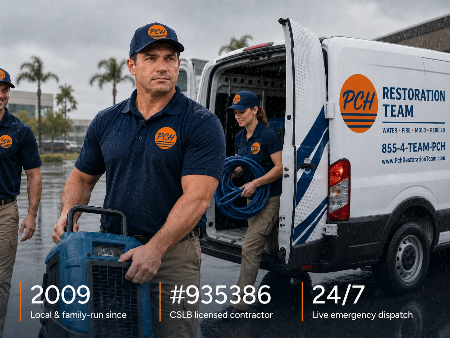 Jarrod Kasser and the PCH Restoration Team unloading drying equipment from a branded response van in Orange County, California