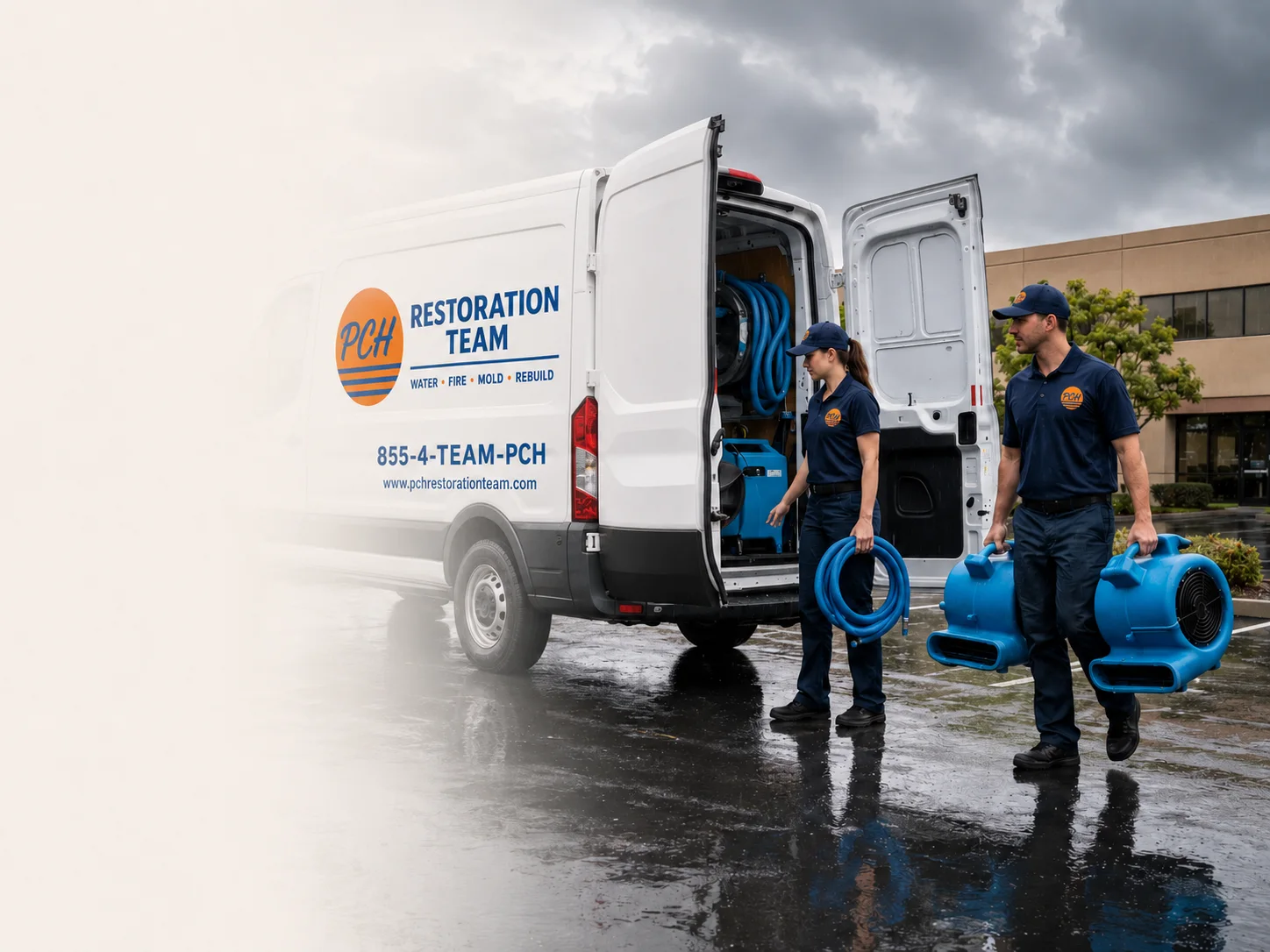 PCH Restoration Team crew unloading drying equipment at a water damage job in Irvine, California