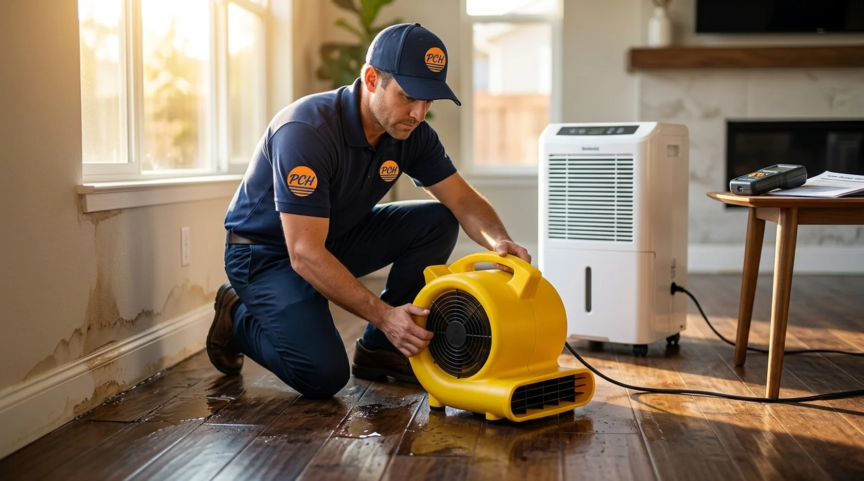 PCH Restoration Team technician running professional drying equipment during water extraction in an Irvine, California home