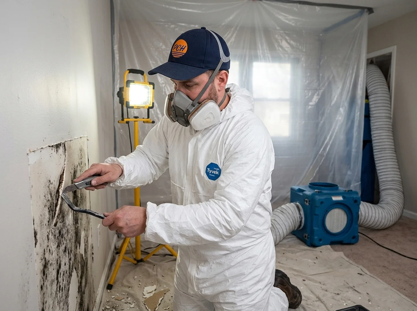 Sealed containment barrier and HEPA air scrubber set up for mold remediation in a South Orange County home