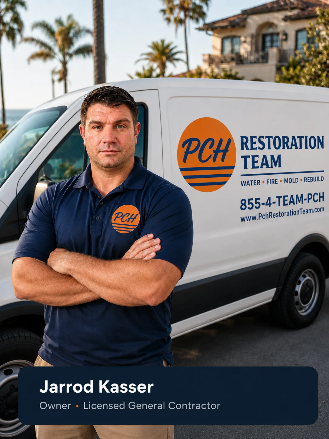 Jarrod Kasser, owner of PCH Restoration Team, standing beside a branded service van in Irvine