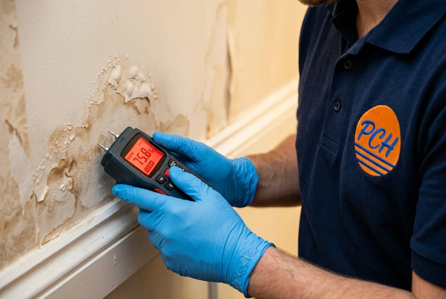 PCH Restoration Team technician using a Protimeter moisture meter on drywall