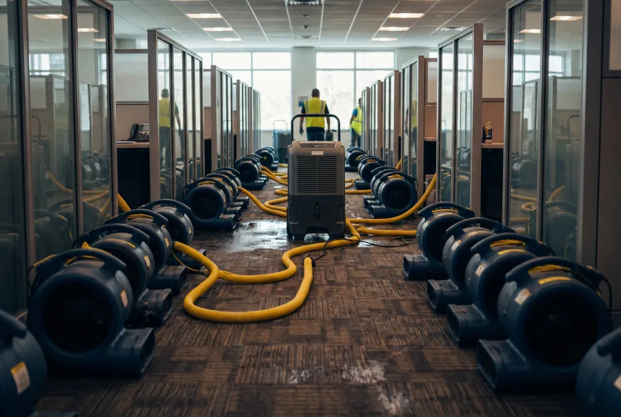 Air movers drying a commercial office corridor after water damage in South Orange County