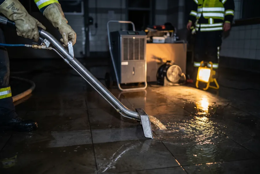 Emergency water extraction removing standing water from a flooded floor in South Orange County