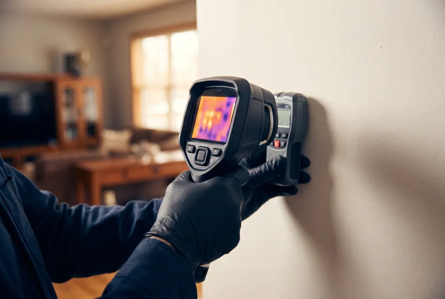 Technician using an infrared moisture camera during a mold inspection on a residential wall