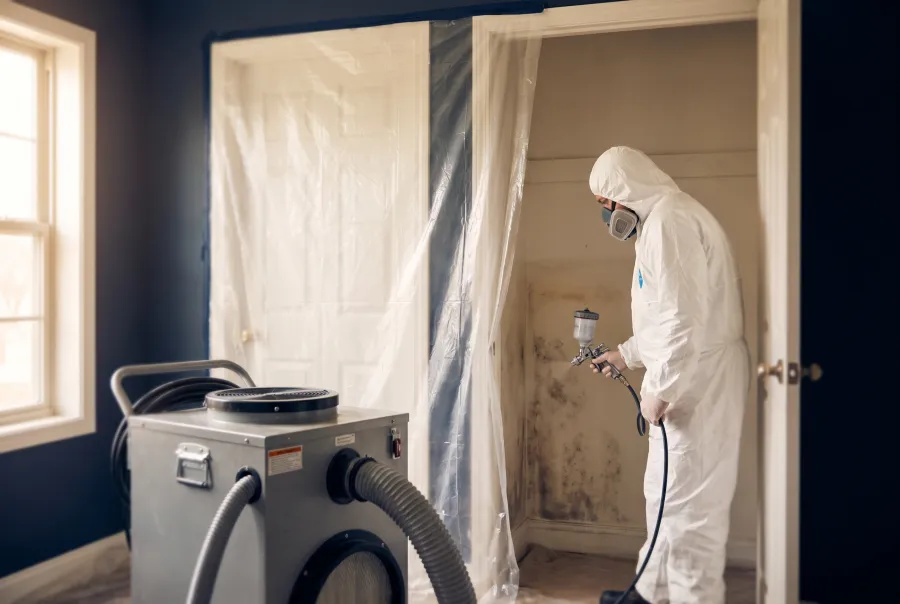 Contained mold remediation with a HEPA air scrubber and a technician in protective gear inside an Irvine home