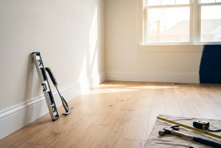 Newly rebuilt home interior with fresh flooring and paint after reconstruction and build-back in Irvine