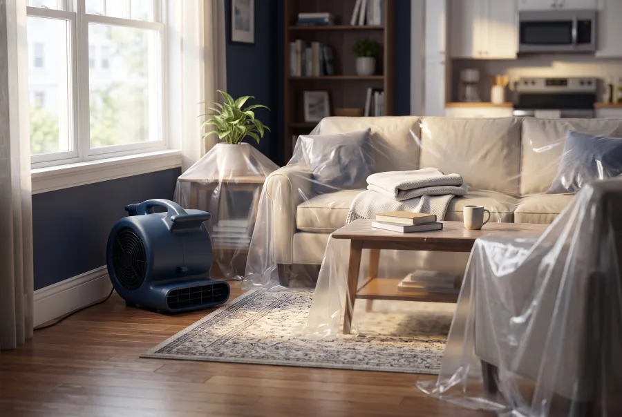 Air mover drying a residential condo living room with furniture protected during restoration in Irvine