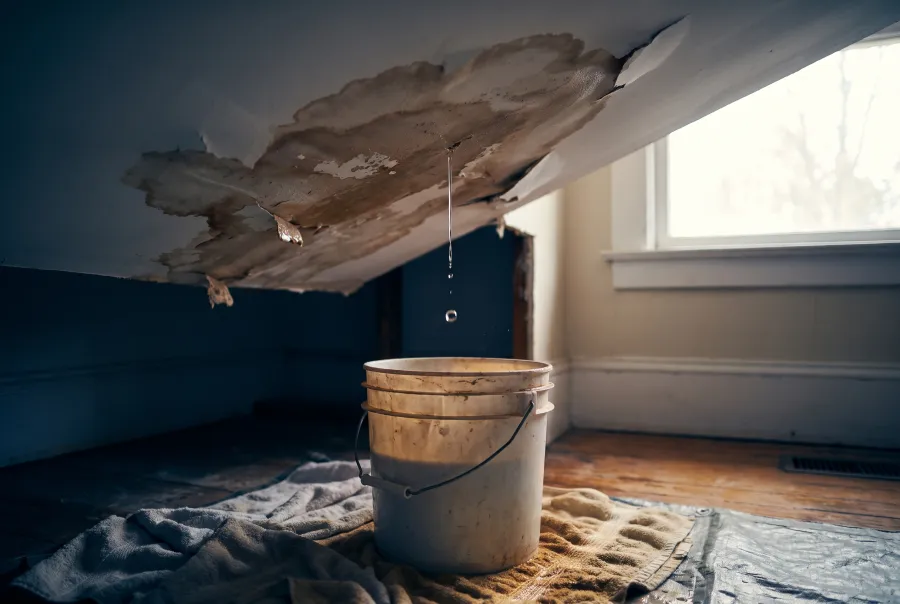 Water-stained ceiling from a roof leak dripping into a bucket before repair in an Irvine home