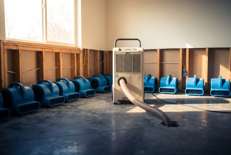 Row of air movers and a commercial dehumidifier during structural drying of a room in South Orange County