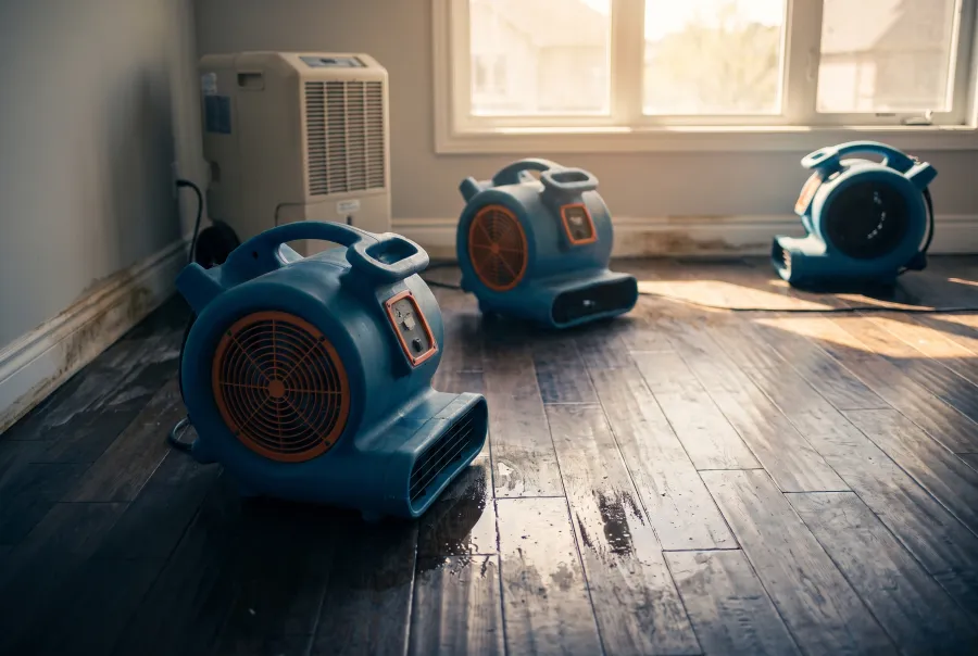 Air movers and a dehumidifier drying a water-damaged living room during water damage restoration in Irvine, CA