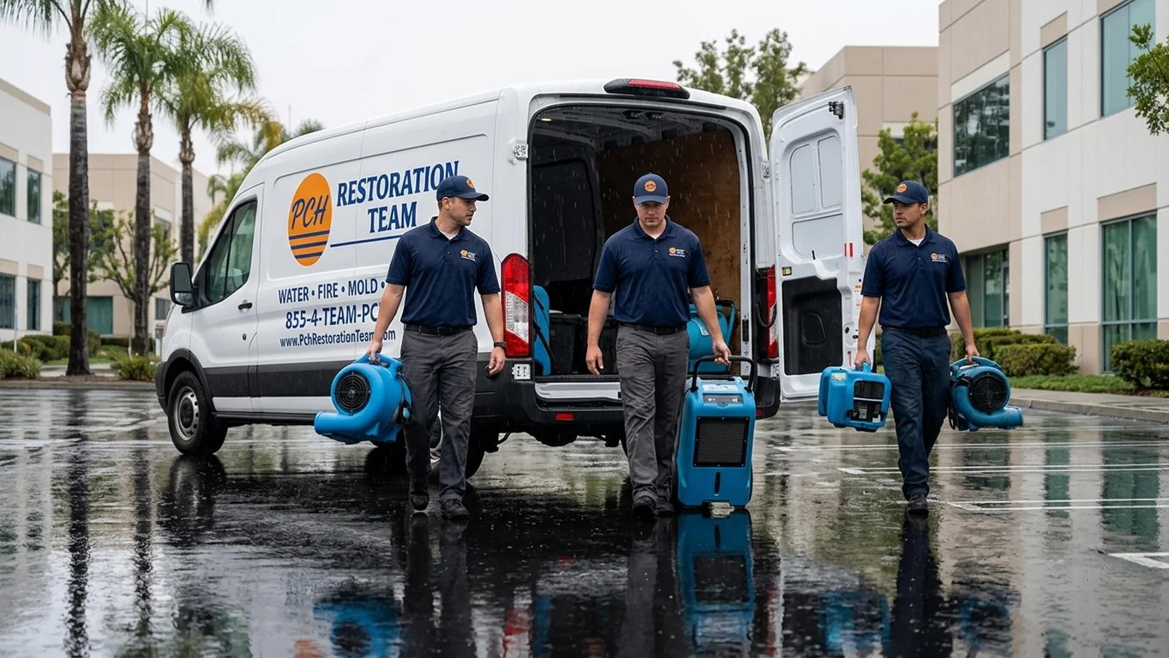 PCH Restoration Team crew unloading water-extraction and drying equipment from a branded response van during a rainy emergency call in Irvine, California